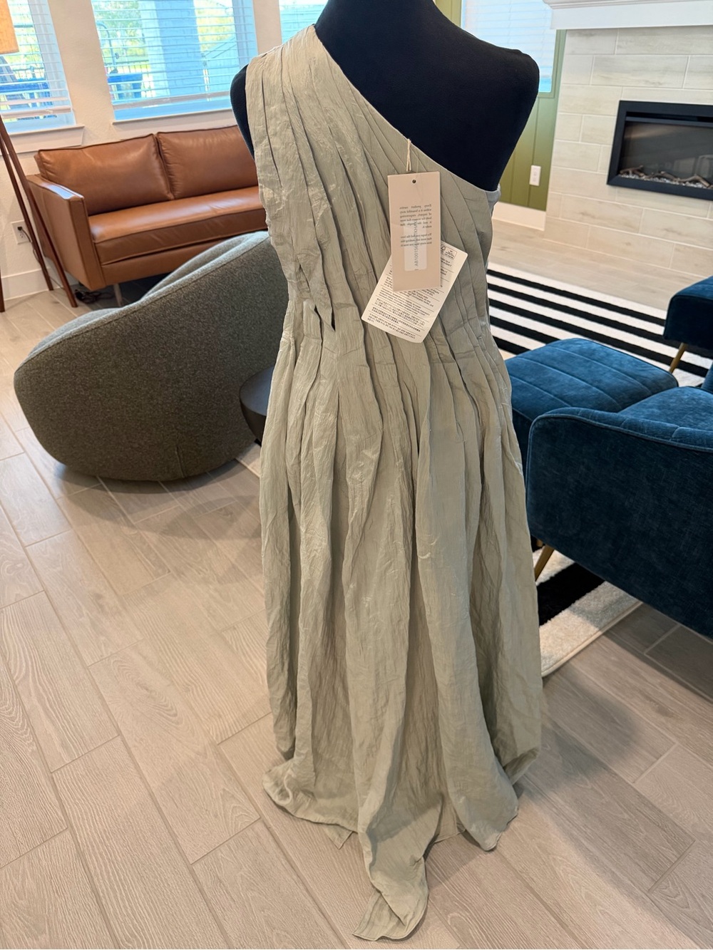 ABADIA One Shoulder Asymmetric Crinkled Pleated Light Khaki Sage Green 4 NWT - Picture 7 of 8